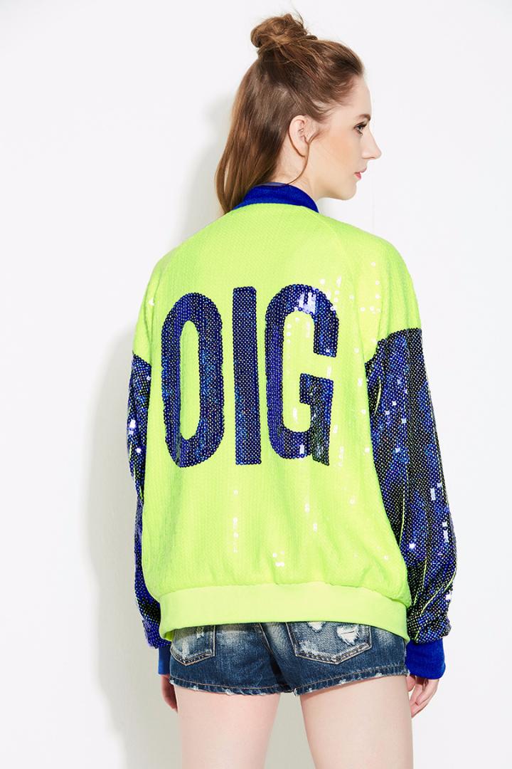 Streetwear Casual Oversized Loose Hip-Hop Logo Sequined Bomber Jacket Clubwear Women Long Sleeve Front Zipper Sequin Coat