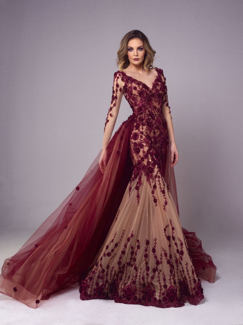 Elegant Long Sleeve Mermaid Evening Dresses with Detachable Train 3D Floral Appliques vestidos de gala Custom Made Prom Gowns