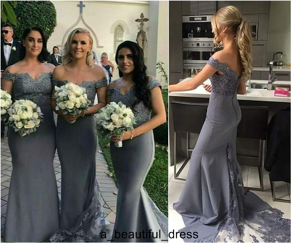 Simple New Elastic Satin Bridesmaid's Dresses Formal Dresses Lace Applique Off Shoulder Sleeve Mermaid Wedding Party Prom