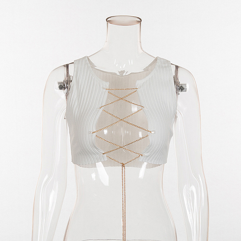 Bonnie Forest 2018 White Tank Tops Crop Top Cami Night Club Sequined Chain Vest Sexy Women Party Metallic Tie Up Camis Y190123