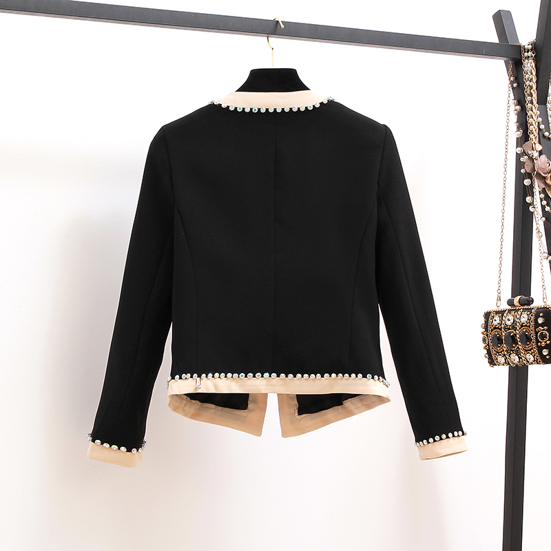 High Quality female jacket Bow Beading Diamonds tweed Black Woolen jackets women long sleeve fashion coat clothing 2019 T200407