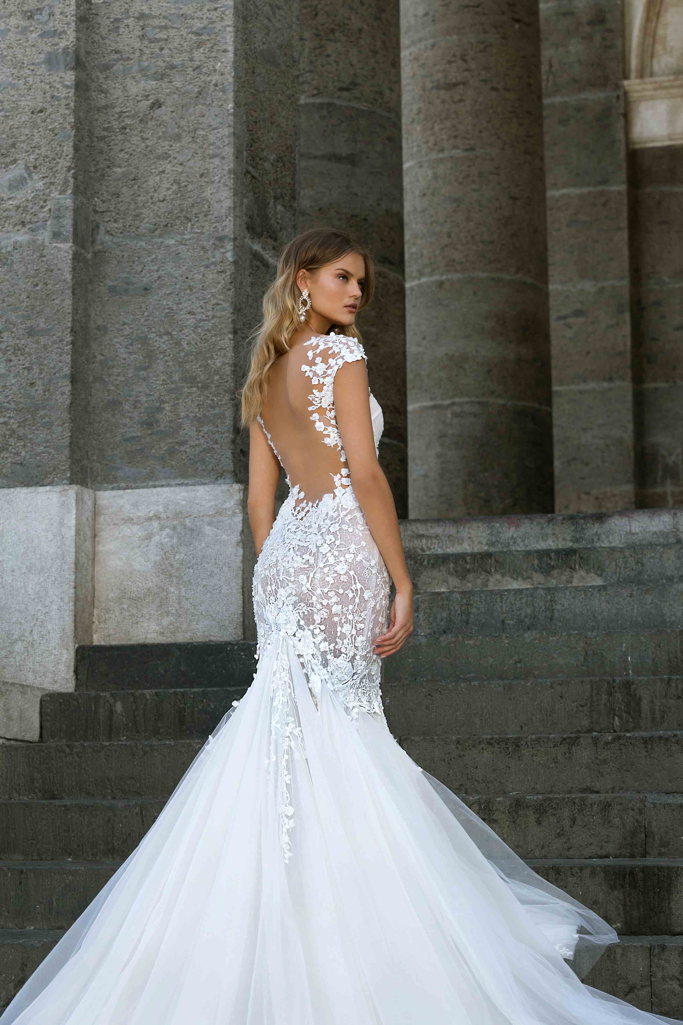 Berta White Mermaid Wedding Dresses Lace Appliques Sheer Back Tulle Sweep Train Bridal Gowns Custom Made 2020 robe de mairee