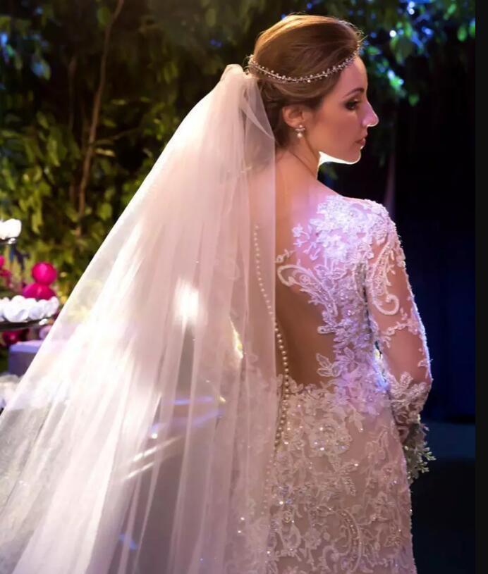 Lace Mermaid Wedding Dresses Sheer V Neck Long Sleeve Bridal Gowns Sequins Appliqued Plus Size Sweep Train Wedding Dress