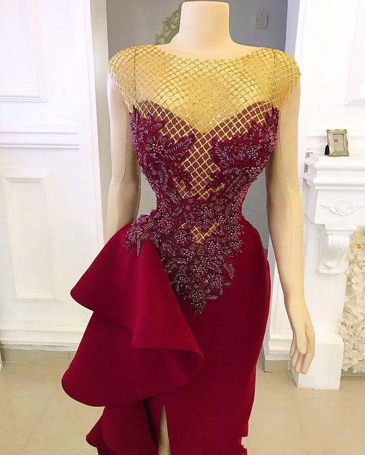 Arabic Beaded Split Evening Dresses Jewel Neck Appliqued Plus Size Party Gowns Special Occassion Dress With Train Abendkleider