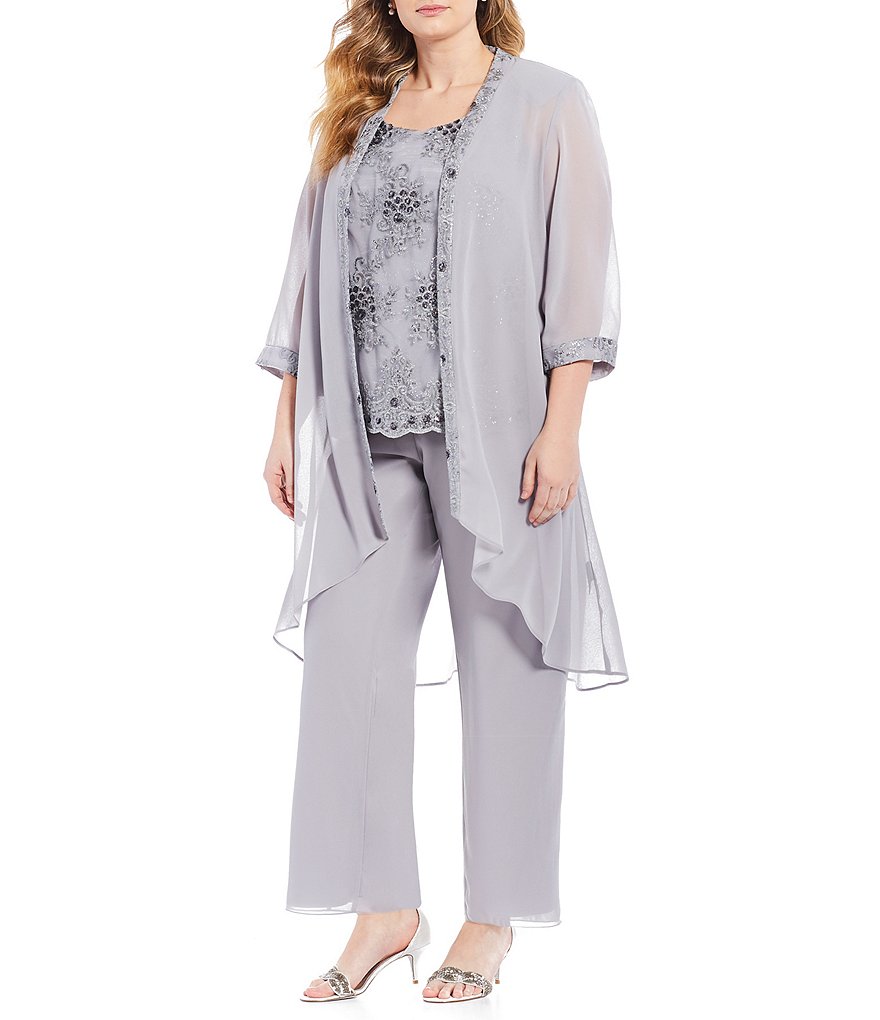 Plus Size Mother Of The Bride Dresses With Jacket Lace Chiffon Long Sleeves Three Pieces Silver Wedding Guest Dress Evening Gowns