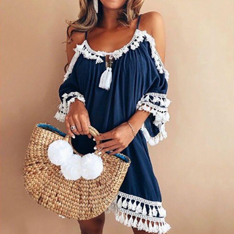 Women White Lace Dress Casual Spaghetti Strap Tassel Patchwork Loose Dress Plus Size XXXL Summer D