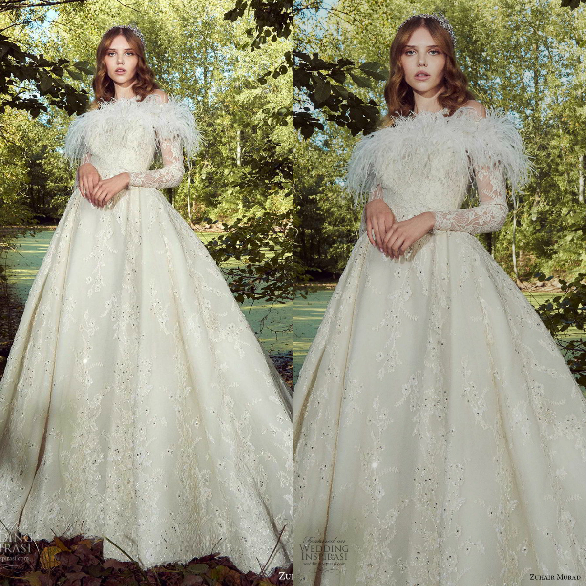 Zuhair Murad 2019 Wedding Dresses Off Shoulder Feather Lace Beads Long Sleeve Chapel Bridal Gowns Plus Size Beach robe de mariée