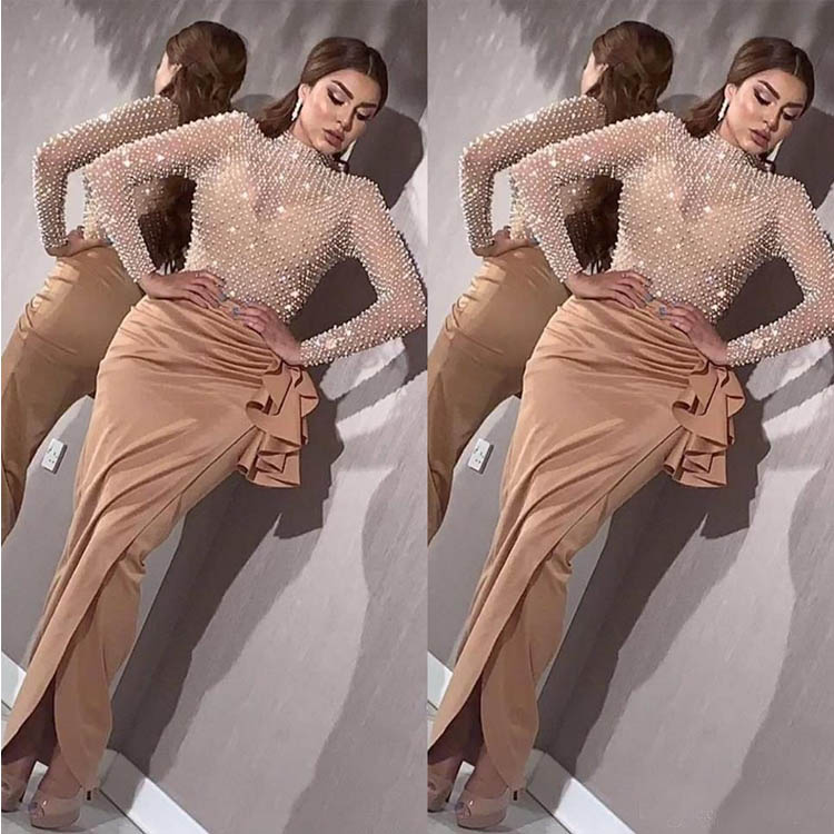luxury beaded mermaid evening dresses elegant high collar crystal long sleeve high split party prom dresses