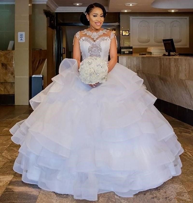 Arabic Ball Gown Dresses Tiered Organza Skirts Ruffles Wedding Gowns Chapel Train Beaded Neckline African Bride Dress B63 0510