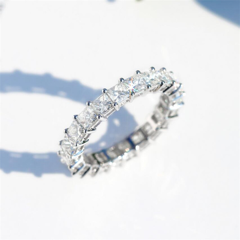 Classic Fine Jewelry Sterling Sier Full Princess Cut White Topaz CZ Dia Gemstones Eternity Square Party Women Wedding Band Ring