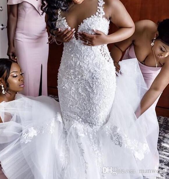2020 African Floral Lace Mermaid Wedding Dress Plus Size Appliques Spaghetti Straps Sleeveless Bridal Gowns