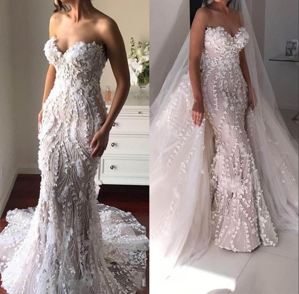 Gorgeous Overskirts White Mermaid Wedding Dresses With Detachable Train Sweetheart 3D Appliques Personalized Wedding Dress Bridal Gowns, Pink 
Gorgeous Overskirts White Mermaid Wedding Dresses With Detachable Train Sweetheart 3D Appliques Personalized Wedding Dress Bridal Gowns, Pink