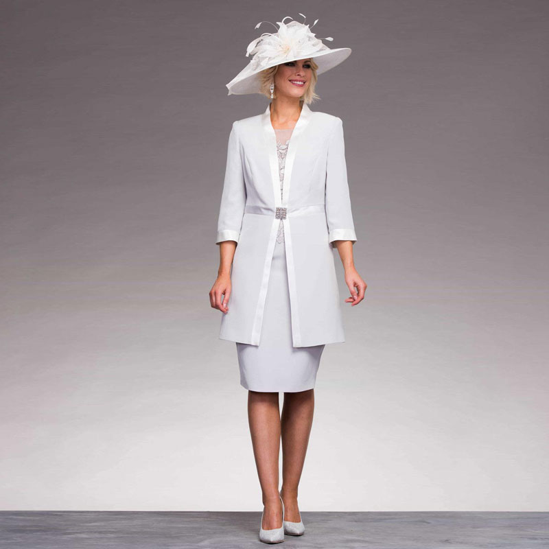 New Arrival Lace Mother Of The Bride Dresses With Long Sleeves Jackets Jewel Neck Sheath Evening Gowns Knee Length Wedding Guest Dress