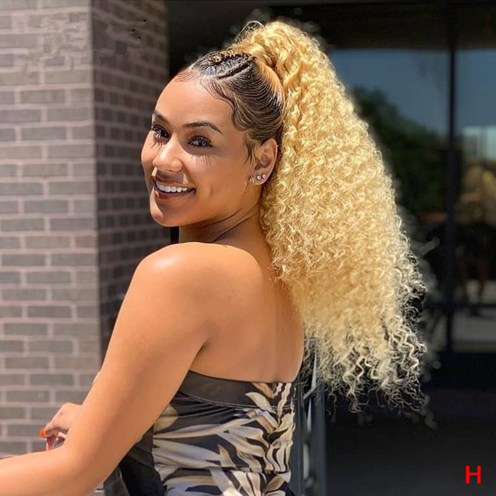 New arrival 613 Honey Blonde Colored Deep Curly virgin human hair ponytail extension 100-140g blond virgin hair kinki drawstring