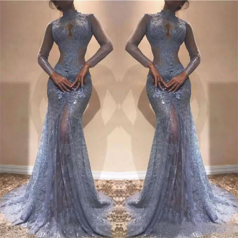 Zuhair Murad Mermaid Prom Dresses High Neck Illusion Long Sleeve Sexy Cutaway Sides Evening Dress robes de soirée Front Split Party Gowns