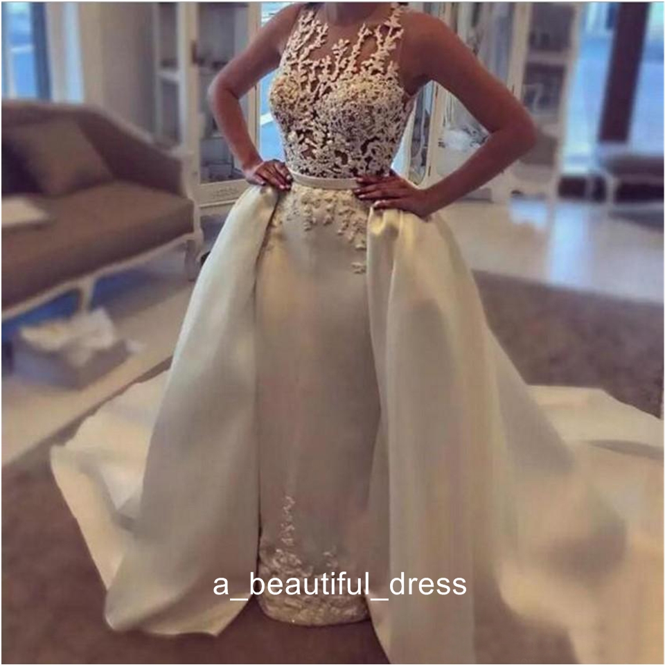 Mermaid Wedding Dresses With Applique Sheer Neckline Sleeveless Wedding Gowns With Detachable Train Sheer Back Bridal Gowns ED1187