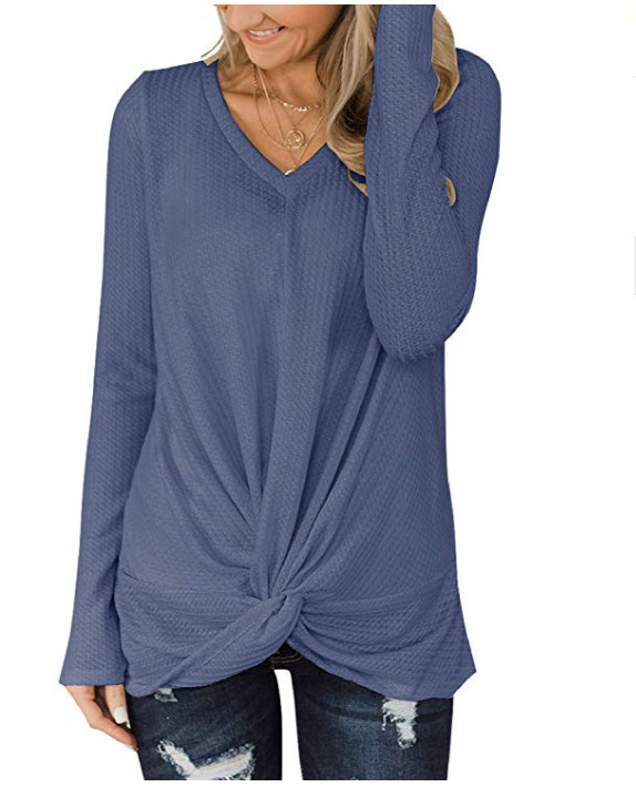 Spot 2021 European spring and summer solid color V-neck long sleeve waffle twisted T-shirt shirt sweater support mixed batch