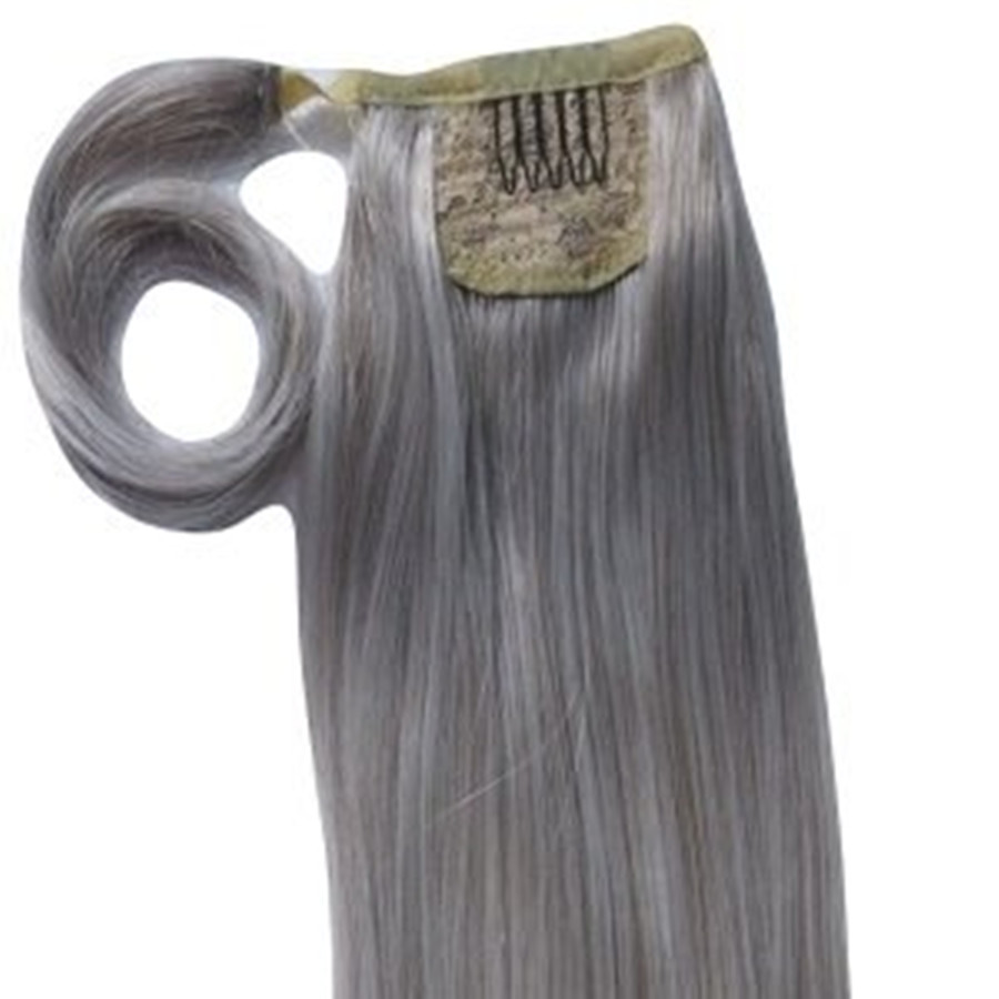 Salt and pepper wavy gray Wrap Magic Ponytail Horsetail 100g-140g Clips in/on 100% Brazilian Remy Human hair Extension Natural Straight