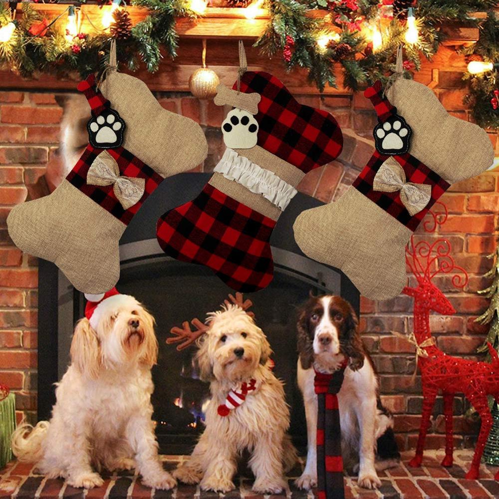 Big Plaid Puppy Dog Christmas Stocking 42cm*26cm Cotton and Burlap Bone Christmas Gift Bags for Dog