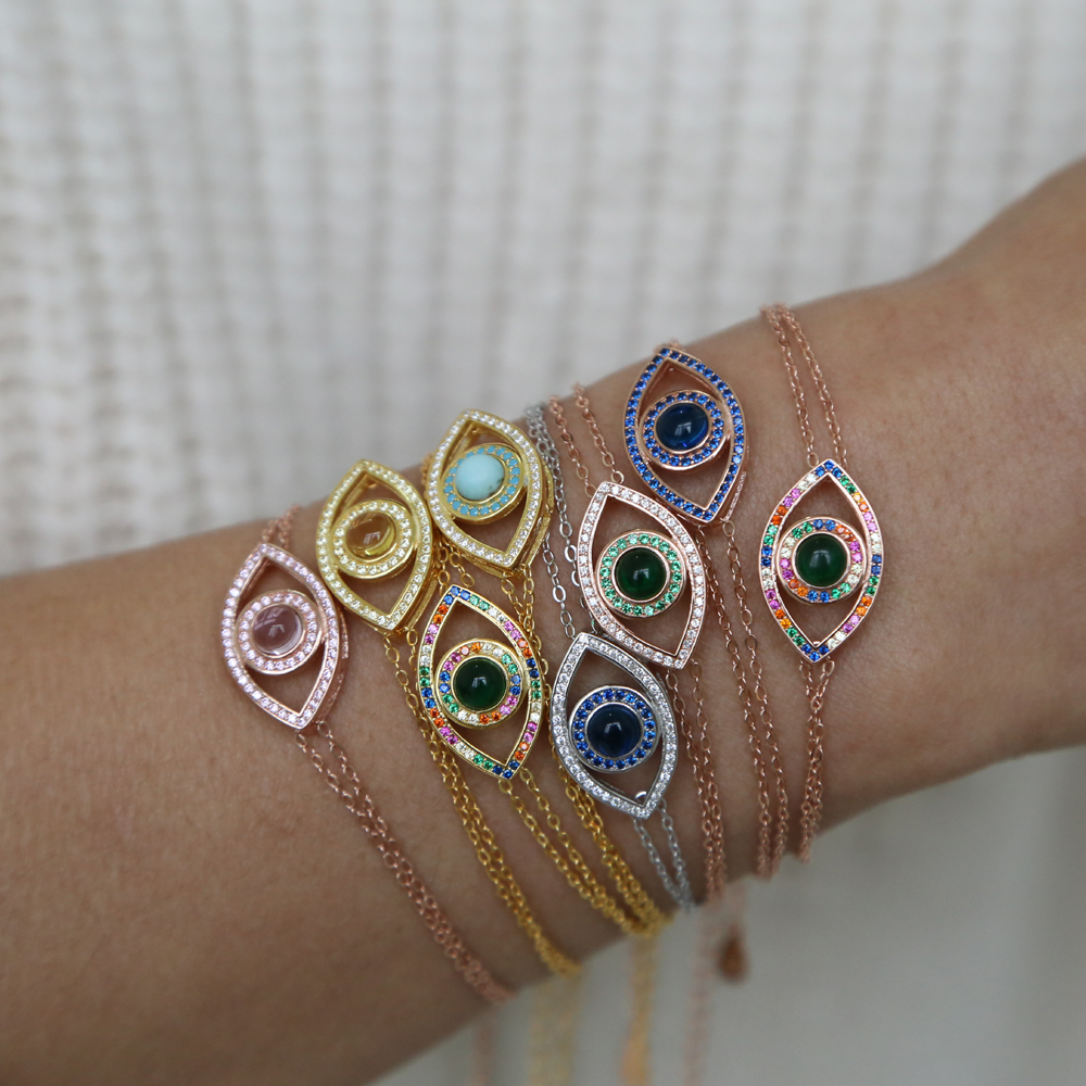925 sterling silver evil eye bracelet 8 colors rainbow colorful cz lucky Turkish jewelry Fine silver link chain bracelets