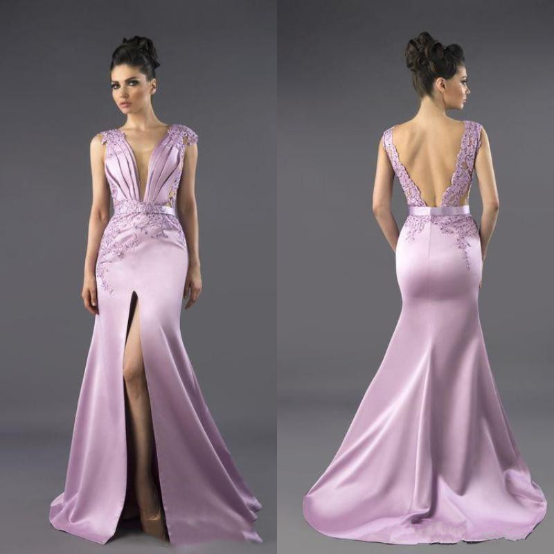 Sexy Satin Mermaid Evening Dresses Front Split Tony Chaaya 2018 Deep V Neck Lace Applique Beaded Prom Gowns Backless Celebrity Party Dress