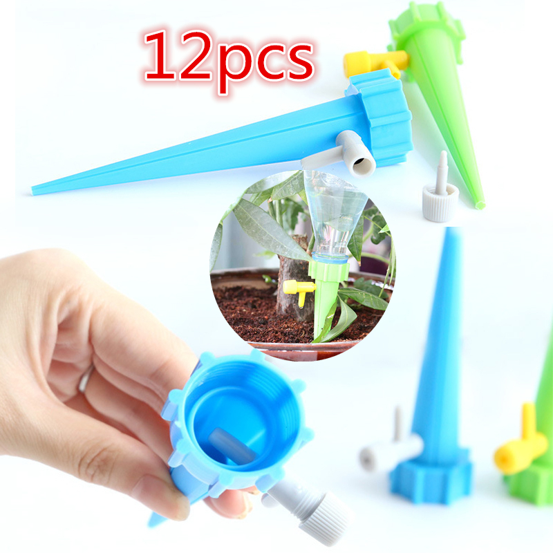 

12pcs Garden Cone Lazy auto Watering seepage Spike adjustable valve Plant Flower Waterers Bottle Irrigation Practical Sprinkler, Green and blue 12pcs