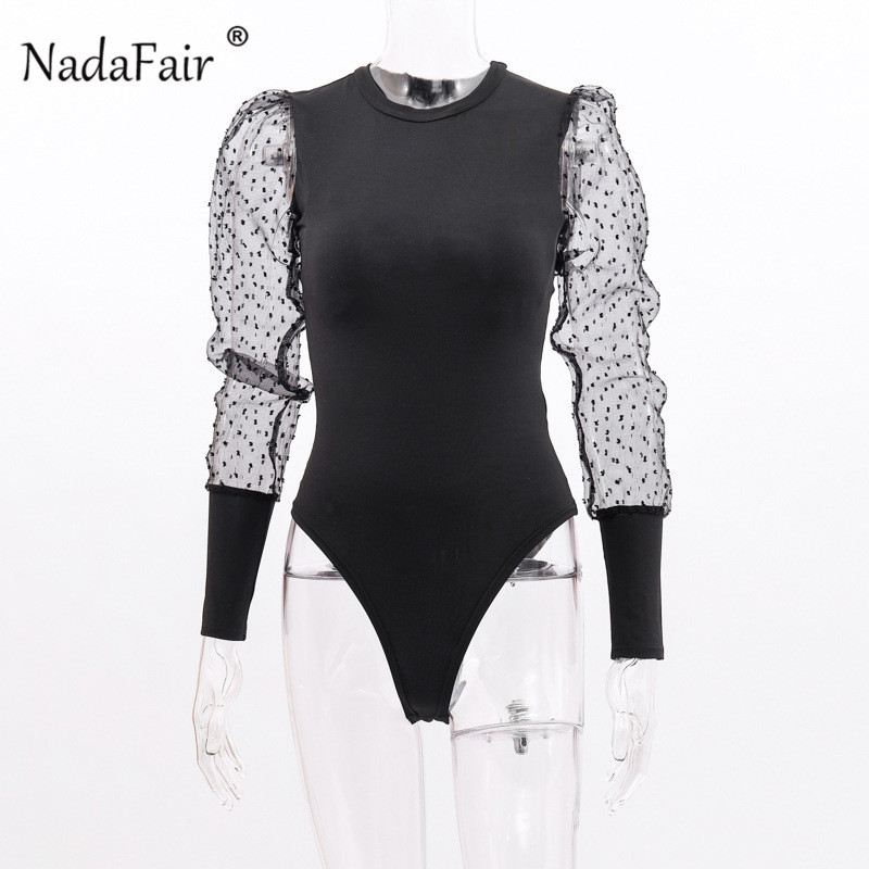 Nadafair Puff Long Sleeve Sexy Bodysuit Black Mesh Bodysuit For Woman Winter Bodycon Bodysuits OnePiece Pink Body Female