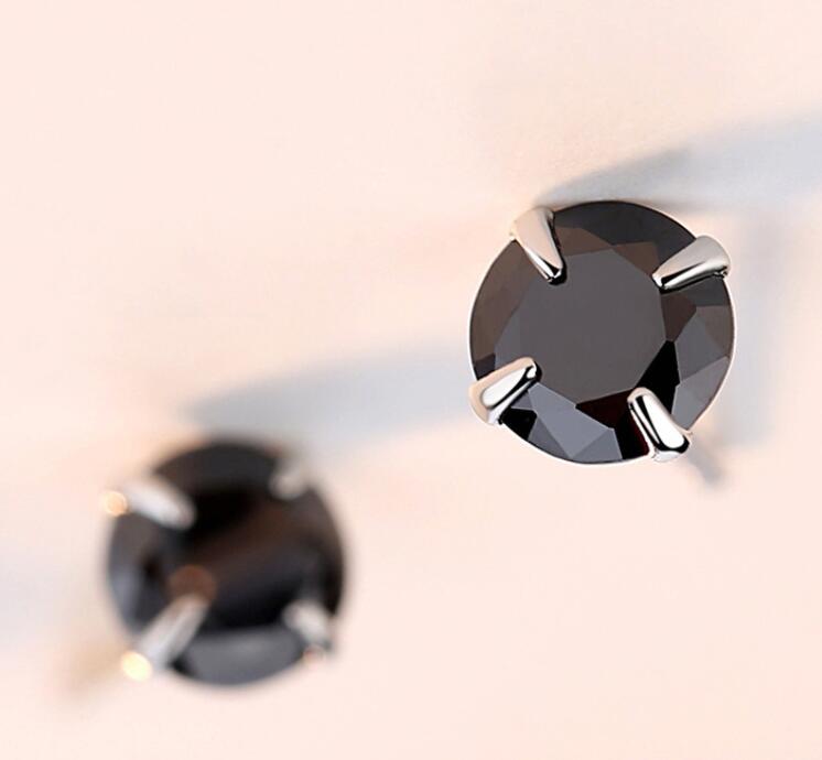 Simple Fashion Jewelry 925 Sterling Silver Black Sapphire CZ Diamond Gemstones Solitaire Women Wedding Party Men Stud Earring