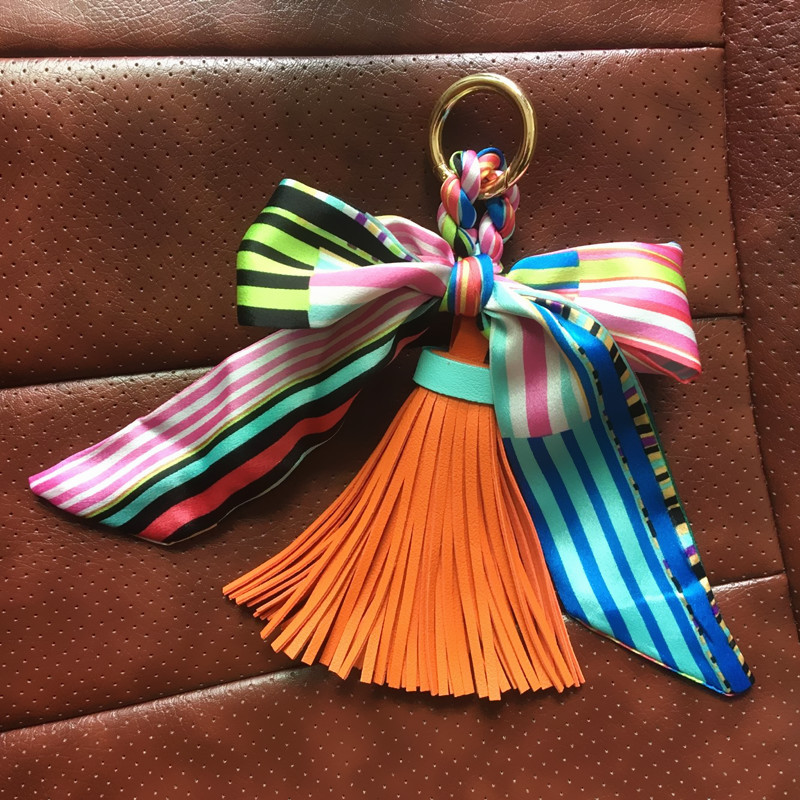 bag charm Fashion Hot Sale Scarves Key holder Bowknot Exquisite Decoration PU Leather Tassels Keychains Women Bag Charm Pendant