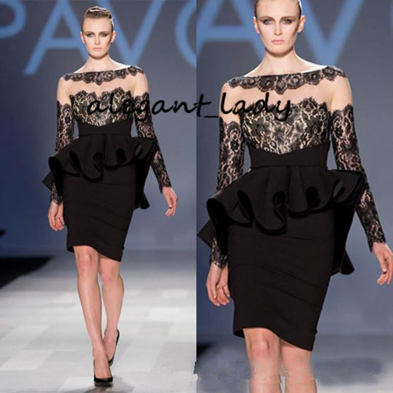 Little Black Dress 2020 Short Cocktail Prom Dresses Sheath Long Sleeves Lace Ruffles Knee Length Elegant Occasion Evening Party Wear Gown