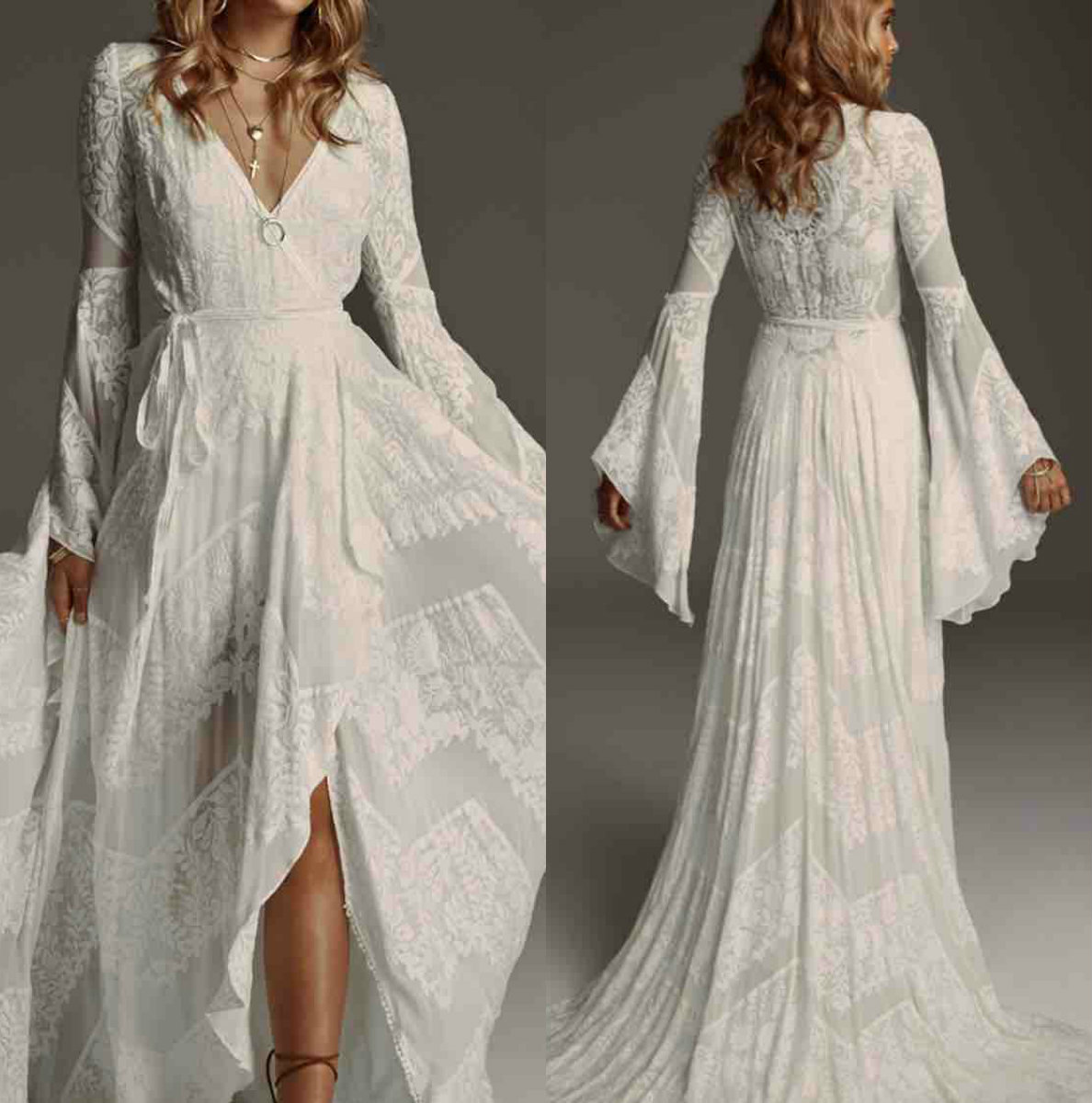 Elegant Bohemain Dresses V Neck Lace Bridal Gowns Puffy Long Sleeves Boho Beach Wedding Dress Custom Plus Size