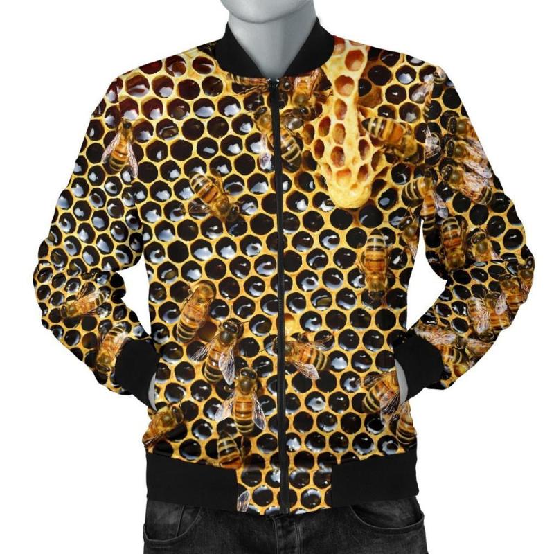 

Men's Warm Bomber Jacket bee Pure Honey 3D Printed Thick winter Long Sleeve pocket outwear Unisex Casual Zip Jacket, Color as the picture