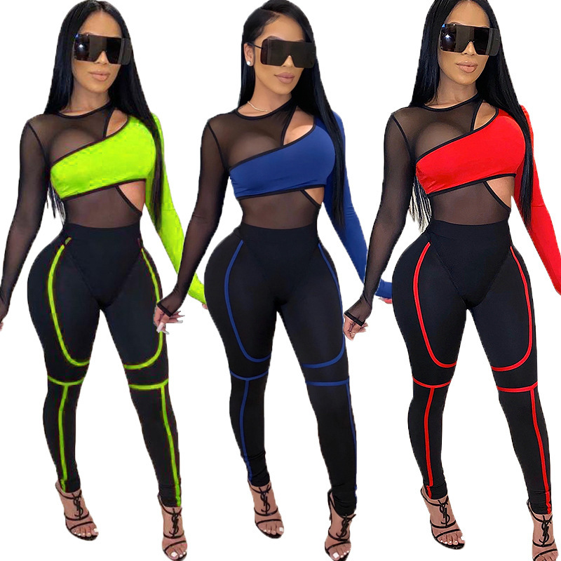 2 Piece Joggers Tracksuit Long Sleeve Mesh Hollow Out Bandage Bodysuit+Pencil Pants Matching Sets Jogging Femme Plus Size S-XXL