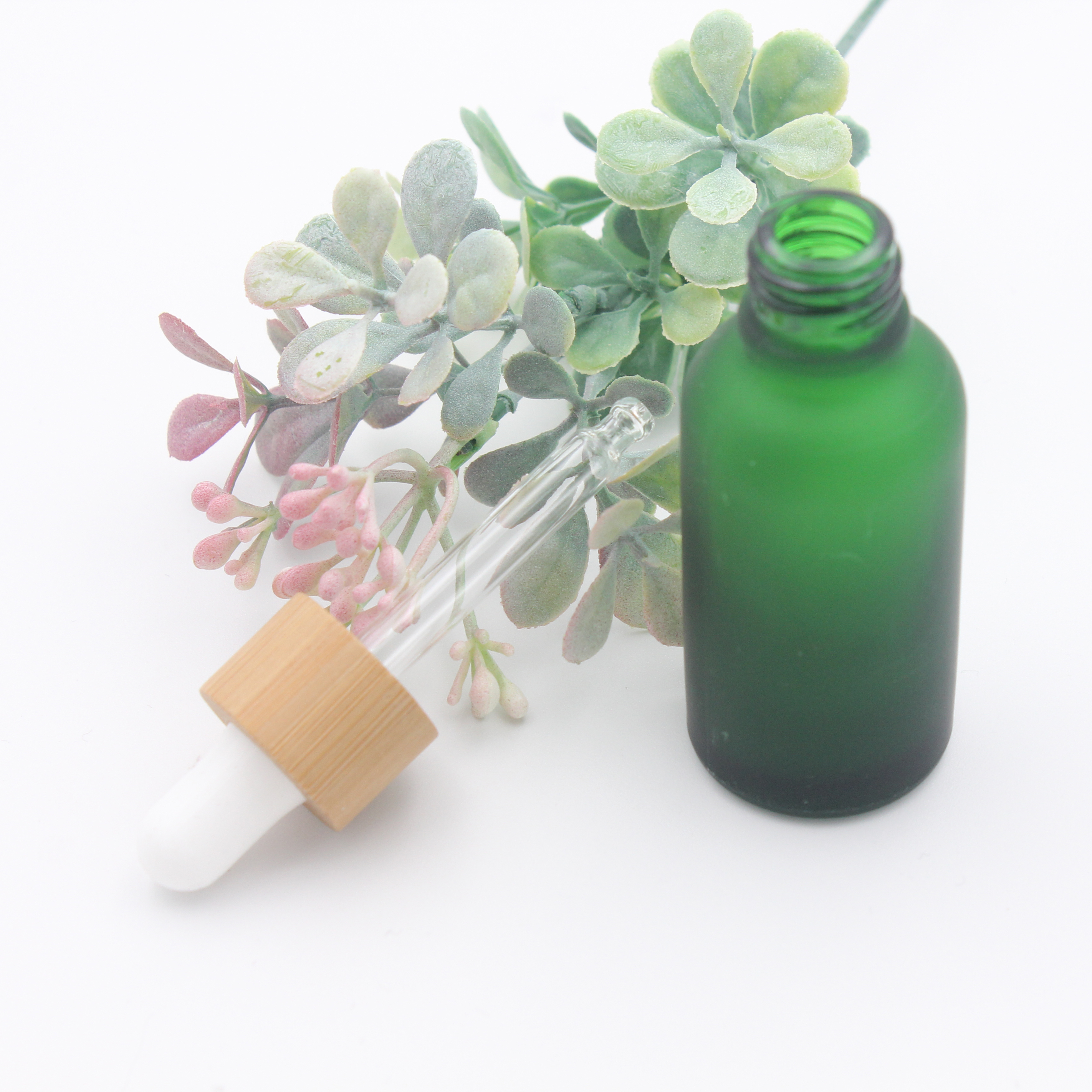 Frost Clear Glass Dropper Bottle 15ml 20 30ml with Bamboo Lid Cap Essential Oil Bottles Frosted Green