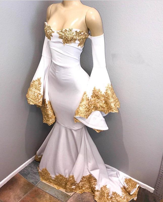White and Gold Prom Dresses 2020 Bell Sleeves Off Shoulder Golden Lace Applique Mermaid African Occasion Evening Dress, Pink
White and Gold Prom Dresses 2020 Bell Sleeves Off Shoulder Golden Lace Applique Mermaid African Occasion Evening Dress, Pink