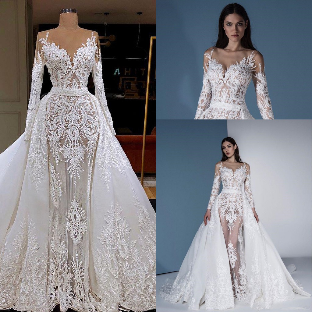 Illusion Long Sleeve Wedding Dresses with Detachable Train 2020 White Lace Applique Nude Net Mermaid Arabic Dubai Bride Wedding Gown