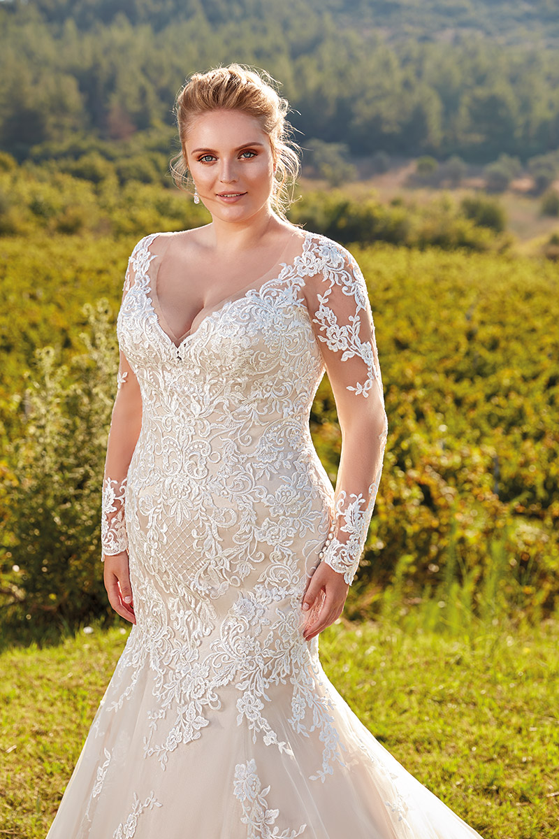 Eddy K Plus Size Wedding Dresses V Neck Lace Appliqued Button Back Long Sleeve Bridal Gowns Custom Gorgeous Mermaid Wedding Dress Robe