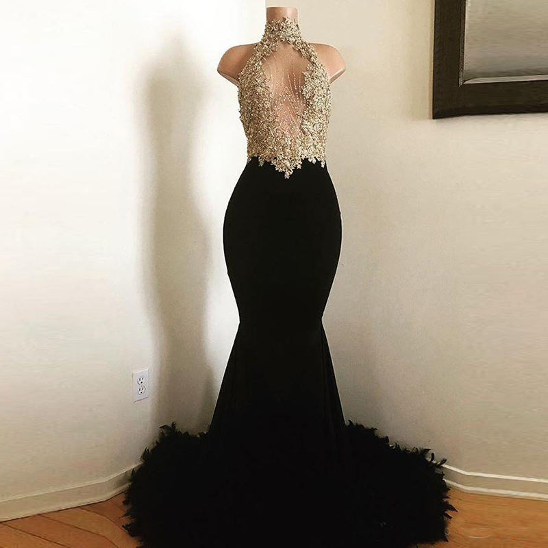Gold Beaded Lace Applique Mermaid Prom Dresses Sexy Halter African Evening Party Dress Long robe de soiree