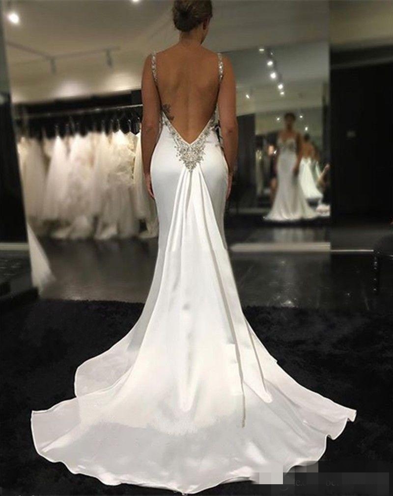Sexy Spaghetti Straps Mermaid Dresses Backless Satin Sweep Train Beaded Crystal Wedding Bride Gown Vestido De Novia 401