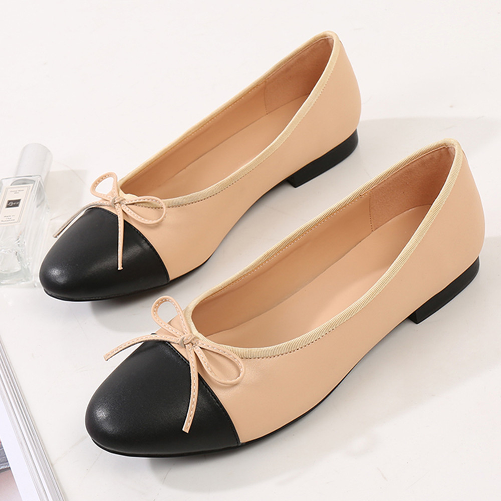 Shoes Woman Basic Pumps 2021 Two Color Splicing Classic Bow Ballet Work Shoe Large Size Tweed Low Heels Fashion Women Shoes Pump 210331
