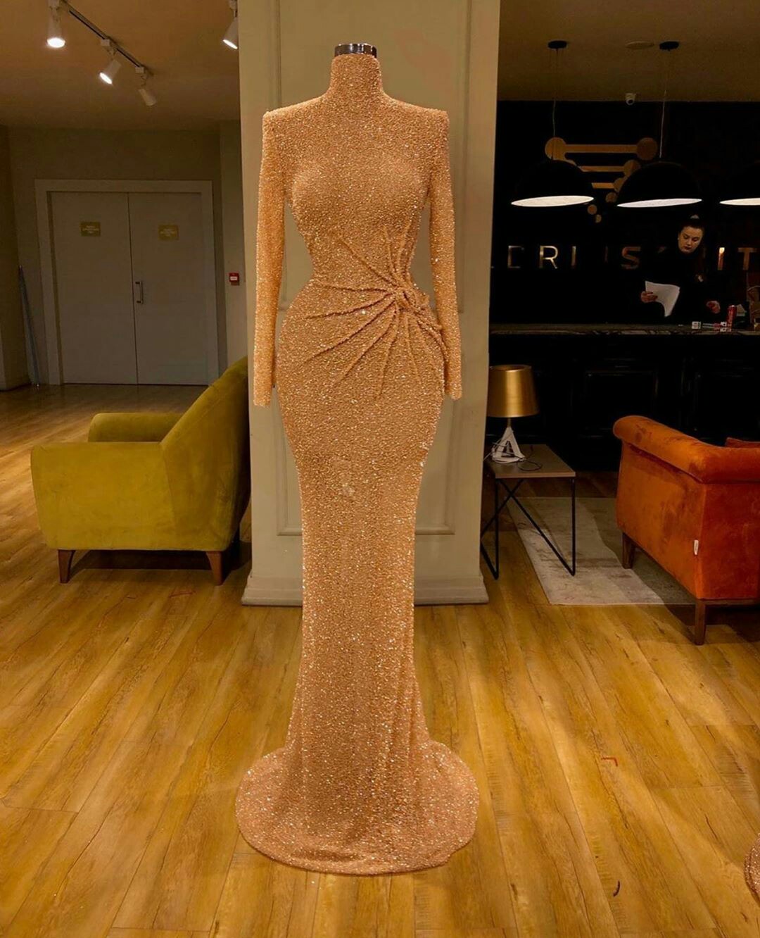 glitter custom made formal evening party dresses highcollor sequined beaded prom dress long sleeves sweep train cheap party gown