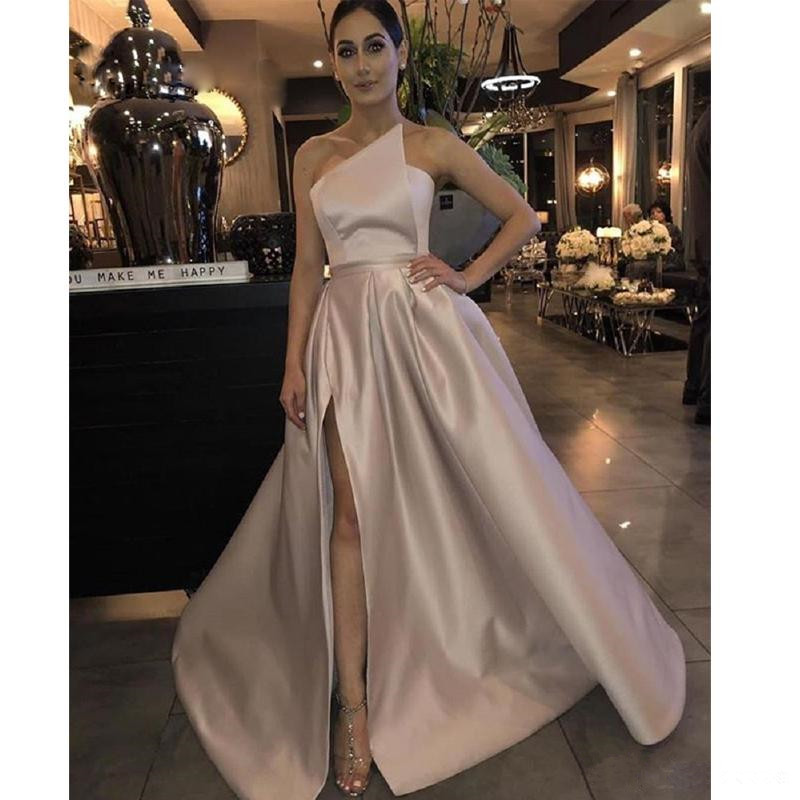 Arabic Elegant Evening Plus Size Prom Dresses A Line High Split Long Satin Simple Formal Party Gowns Robes De Soiree 0510