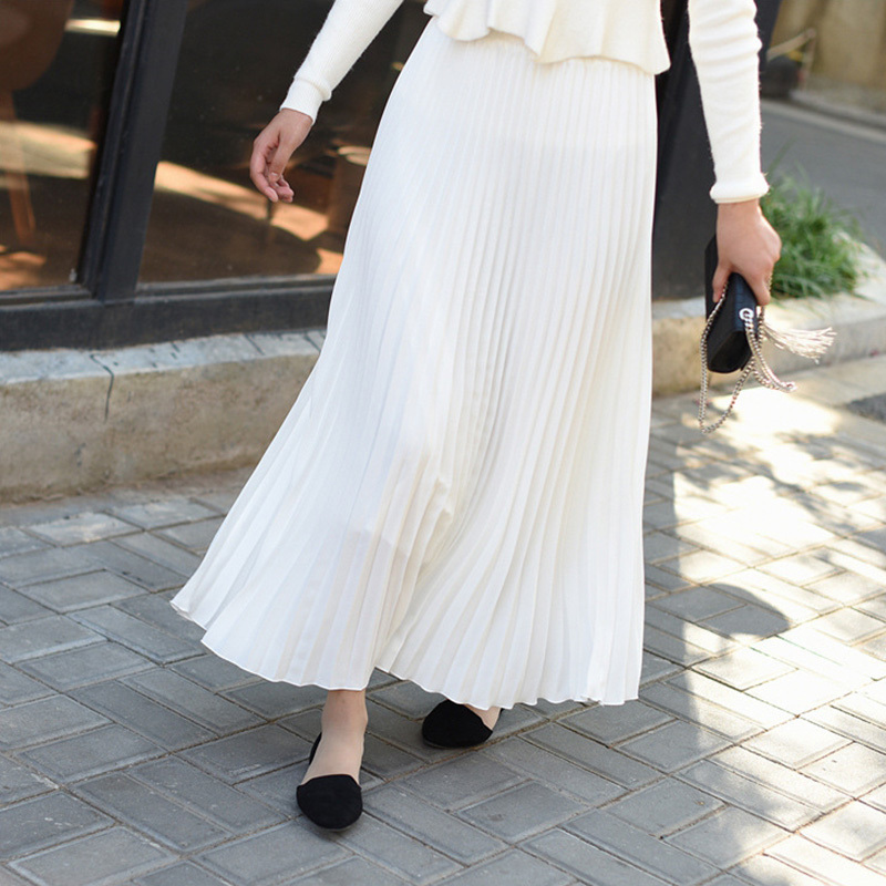 Sheblingbling Women Long Skirt Spring Summer Stretchy High Waist Maxi Pleated Skirt Ankle Length Elegant Female Casual Skirts T200106
