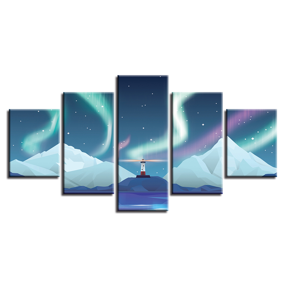 Wall Art Canvas HD Prints Pictures 5 Pieces Iceland Lighthouse Aurora Scenery Poster Anime Abstract Paintings Home Decor(No Frame)