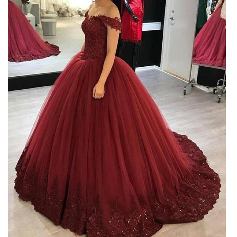 Burgundy Prom Dresses Lace Appliqued Custom Made Puffy Tulle Ball Gowns Plus Size Black Girls Formal Evening Gown