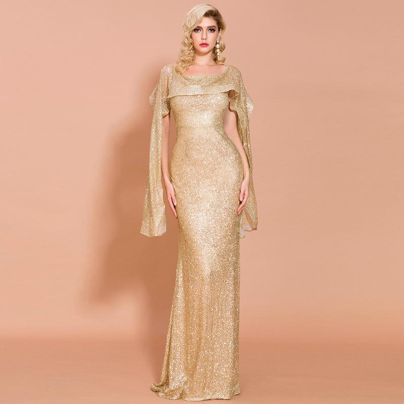 2020 Gold Mermaid Evening Dresses Off Neck Sequins Sleeveless Prom Dress Ruffle Floor Length Custom Made Formal Party Gown
