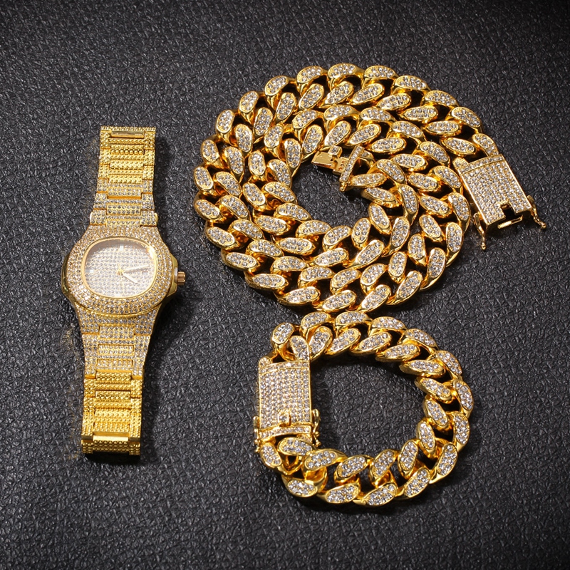 Hip Hop Bling Chains Jewelry Men Necklace Iced Out Diamond Miami Cuban Chain High Quality Rose Gold Silver Watch & Necklace & Bracelet Set
Hip Hop Bling Chains Jewelry Men Necklace Iced Out Diamond Miami Cuban Chain High Quality Rose Gold Silver Watch & Necklace & Bracelet Set