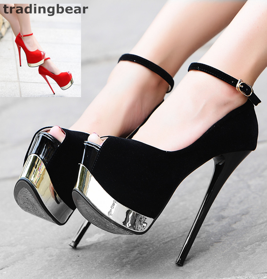 Hot Sale-16cm Ultra High Heels Black Red Synthetic Suede Ankle Strap Super Platform Pumps Prom Night Club Shoes Size 34 to 39