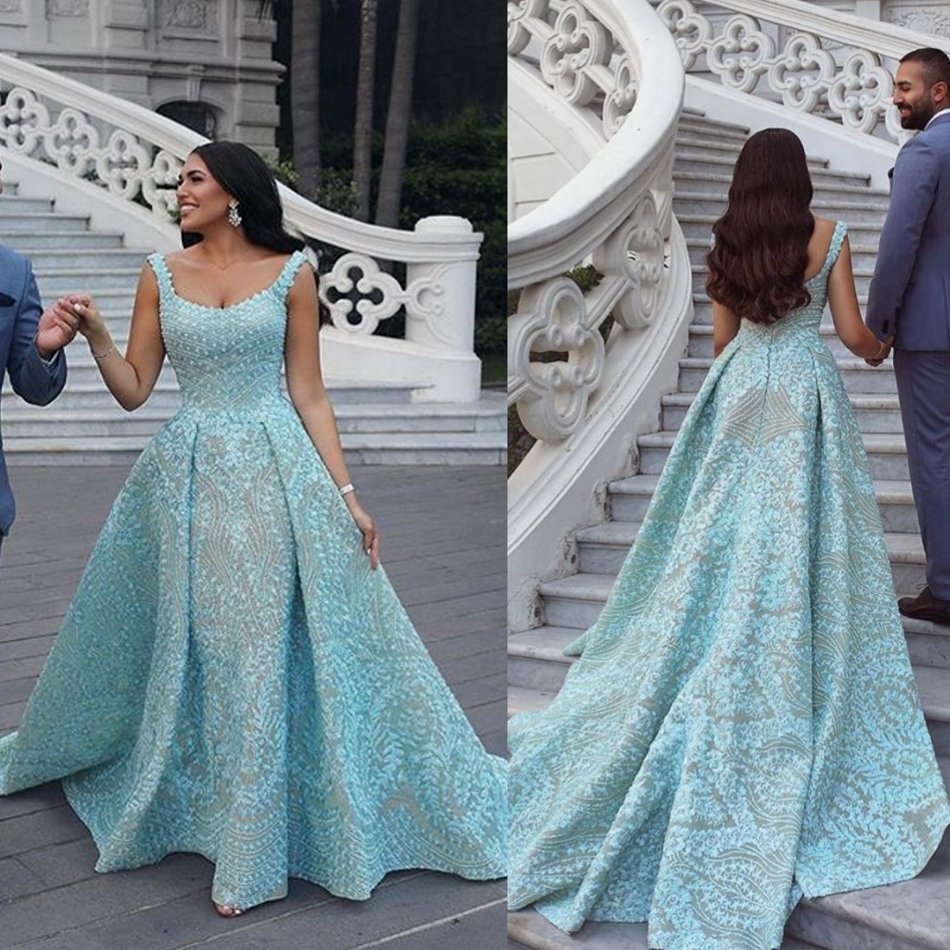 2020 Blue Evening Dresses Lace Appliqued Scoop Neck A Line Sleeveless Prom Dress Party Gowns Abendkleider robe de soiree