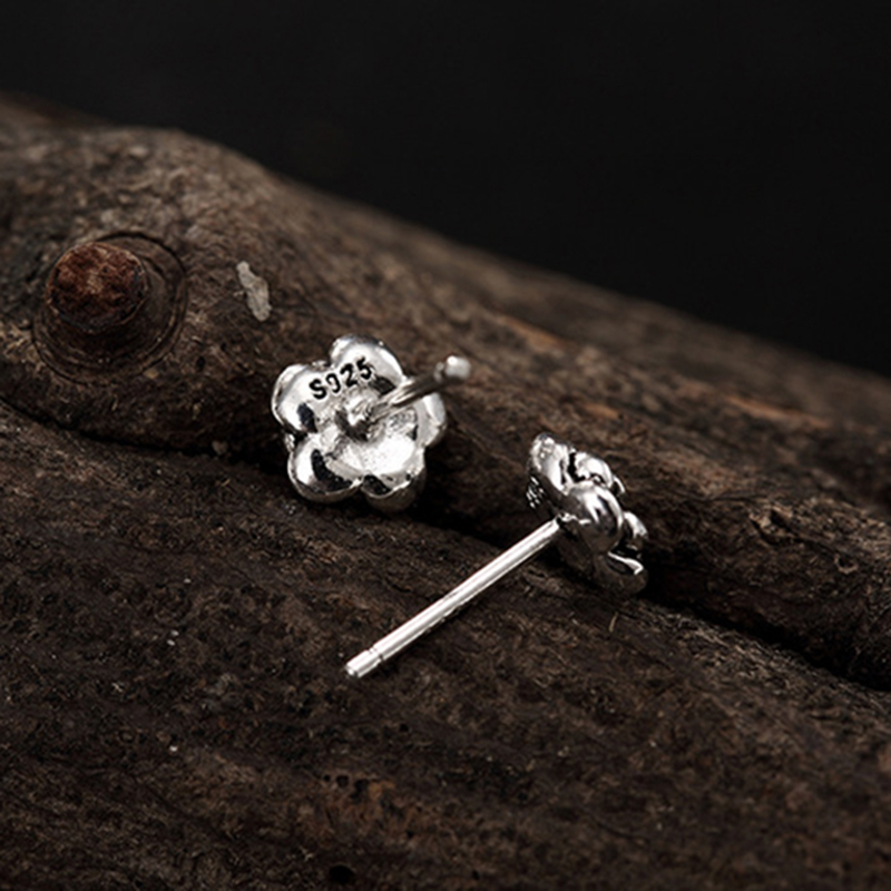 Retro Silver Rose Flower Stud Earrings Jewelry S925 Sterling Silver Prevent Allergy Ear Bone Nail Earrings